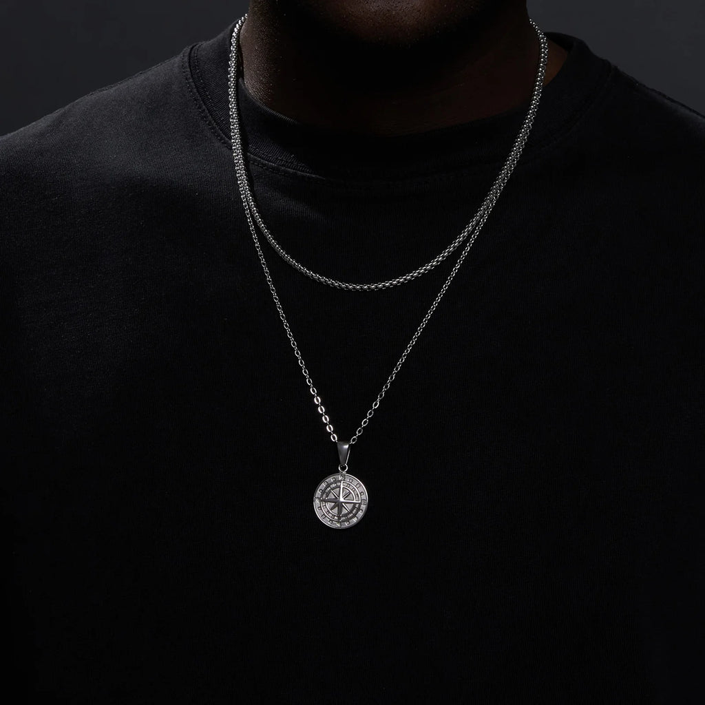 Layered Compass Cuban Figaro Necklace — Stainless Steel