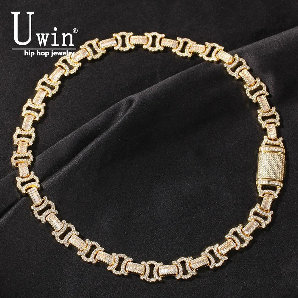 Uwin 12mm Byzantine Chain CZ Fully Iced Out Link Baguetter Pave Setting Necklace Jewelry Accessories