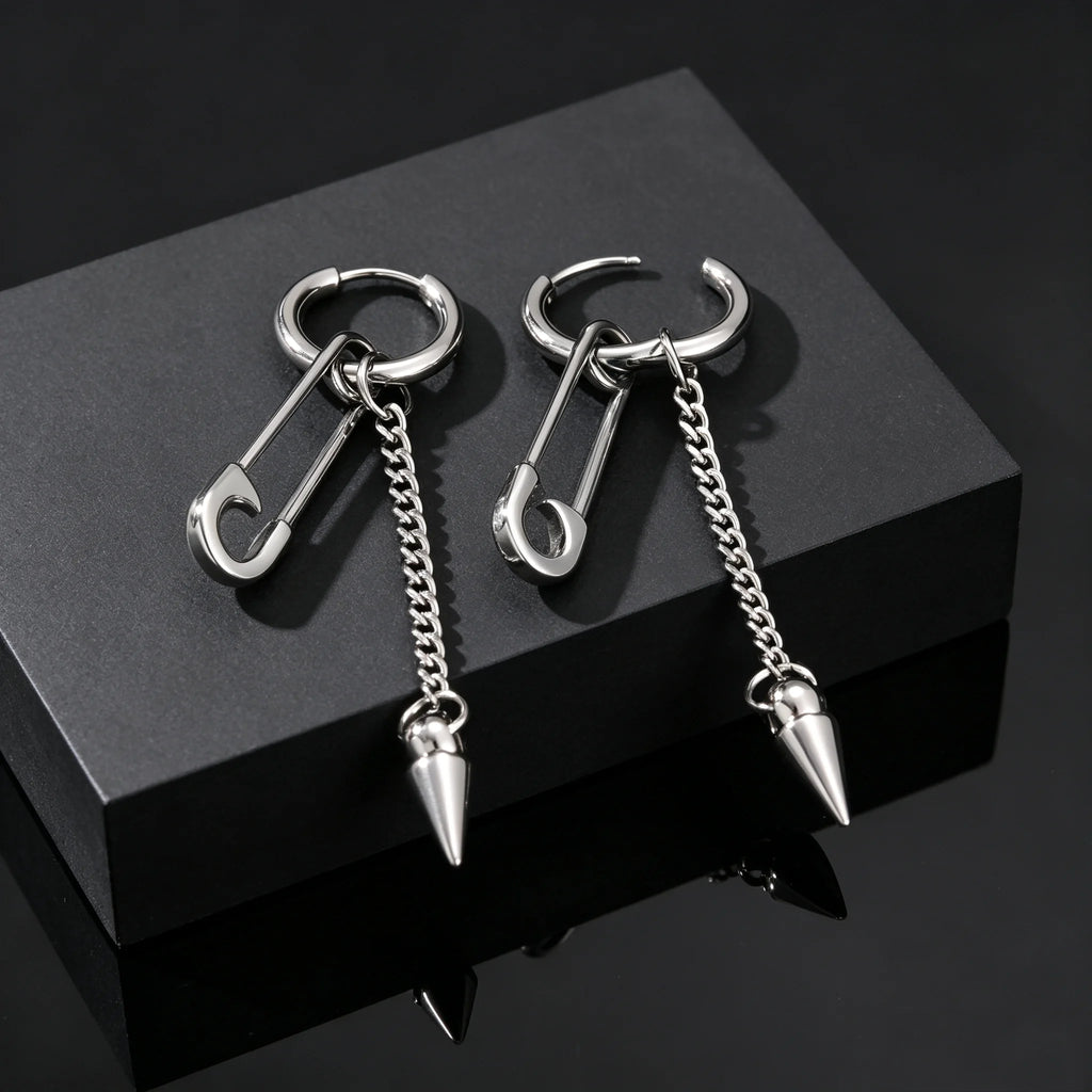 Safety Pin Rivet Chain Tassel Dangle Earrings — Stainless Steel