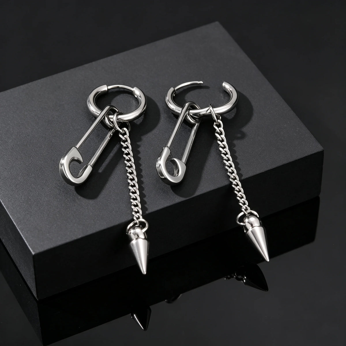 Safety Pin Rivet Chain Tassel Dangle Earrings — Stainless Steel