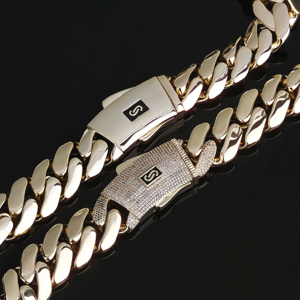 Gold Cuban Chain Necklace 14K Monaco Lock