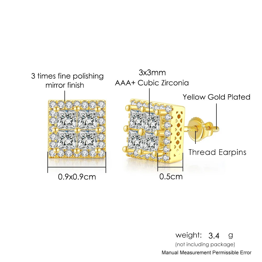 Iced Out Round Square Stud Earrings — Gold
