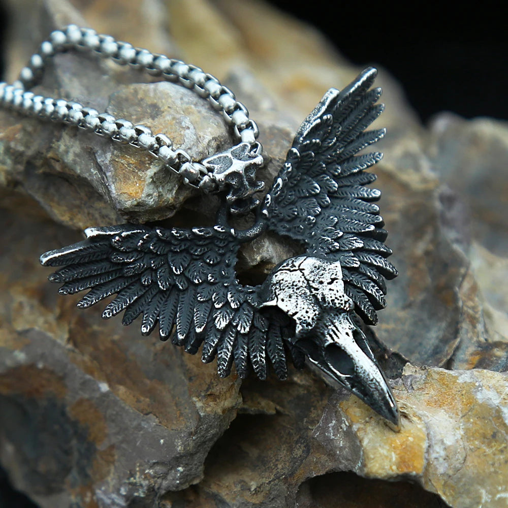 Vintage Punk Raven Skull Pendant Black Stainless Steel Wing Necklace Men Biker Unique Animal Amulet Jewelry Gifts