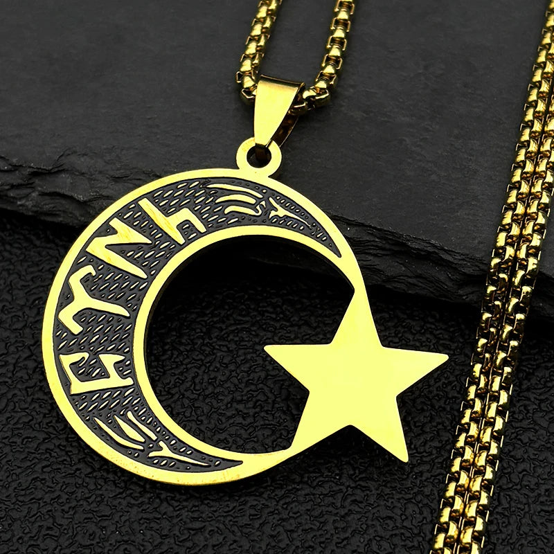 Gold Crescent Moon Star Necklace — Stainless Steel