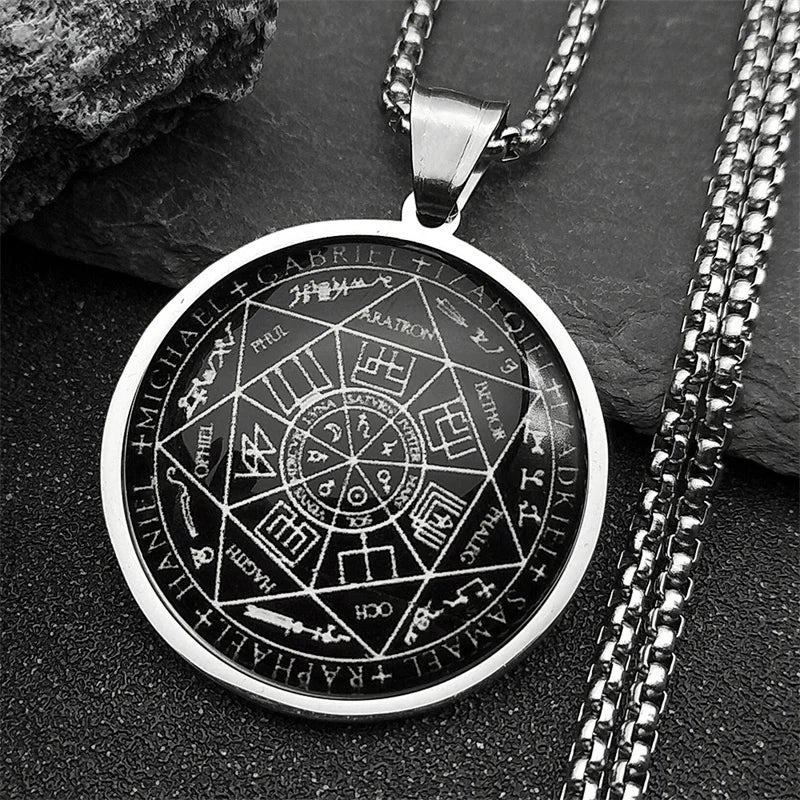 Seal of Seven Archangels Medal Stainless Steel Glass Necklace Seal of Solomon Talisman Necklace Protection Jewelry
