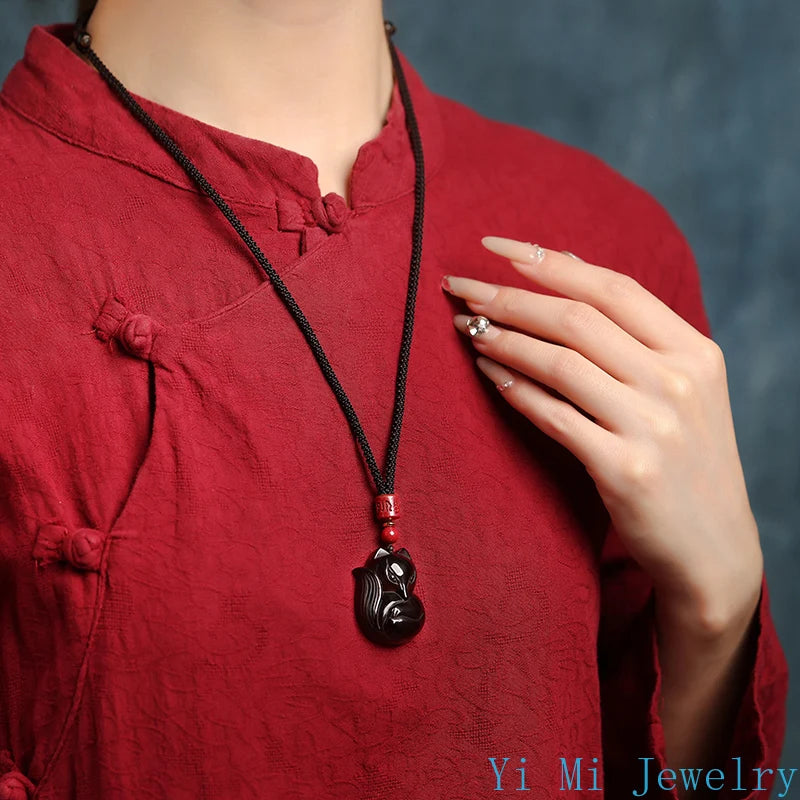 Natural Obsidian Small Fox Cinnabar Pendant Men and Women Year of The Dragon Necklace Pendant Crystal Charm Jewelry Accessories