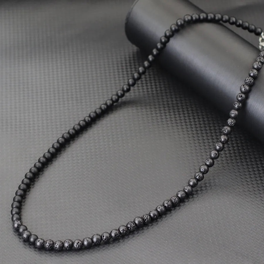 Stylish 6mm Stone Healing Necklace For Men 24 Inches Long Collar Stainless Steel Buckle Black White Yin Yang Bicolor