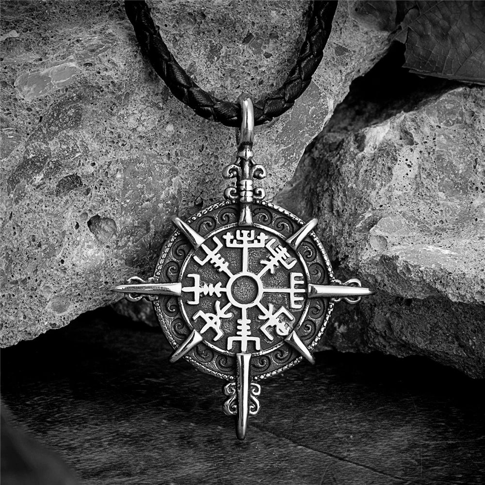 Mens Viking Compass Necklaces Stainless Steel Double-sided Norse Runes Trident Pendant With Genuine Leather Chain