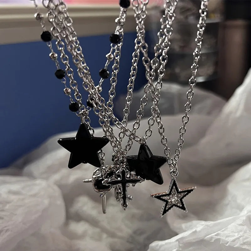 Silver Black Cross Pendant Necklace Vintage Carved