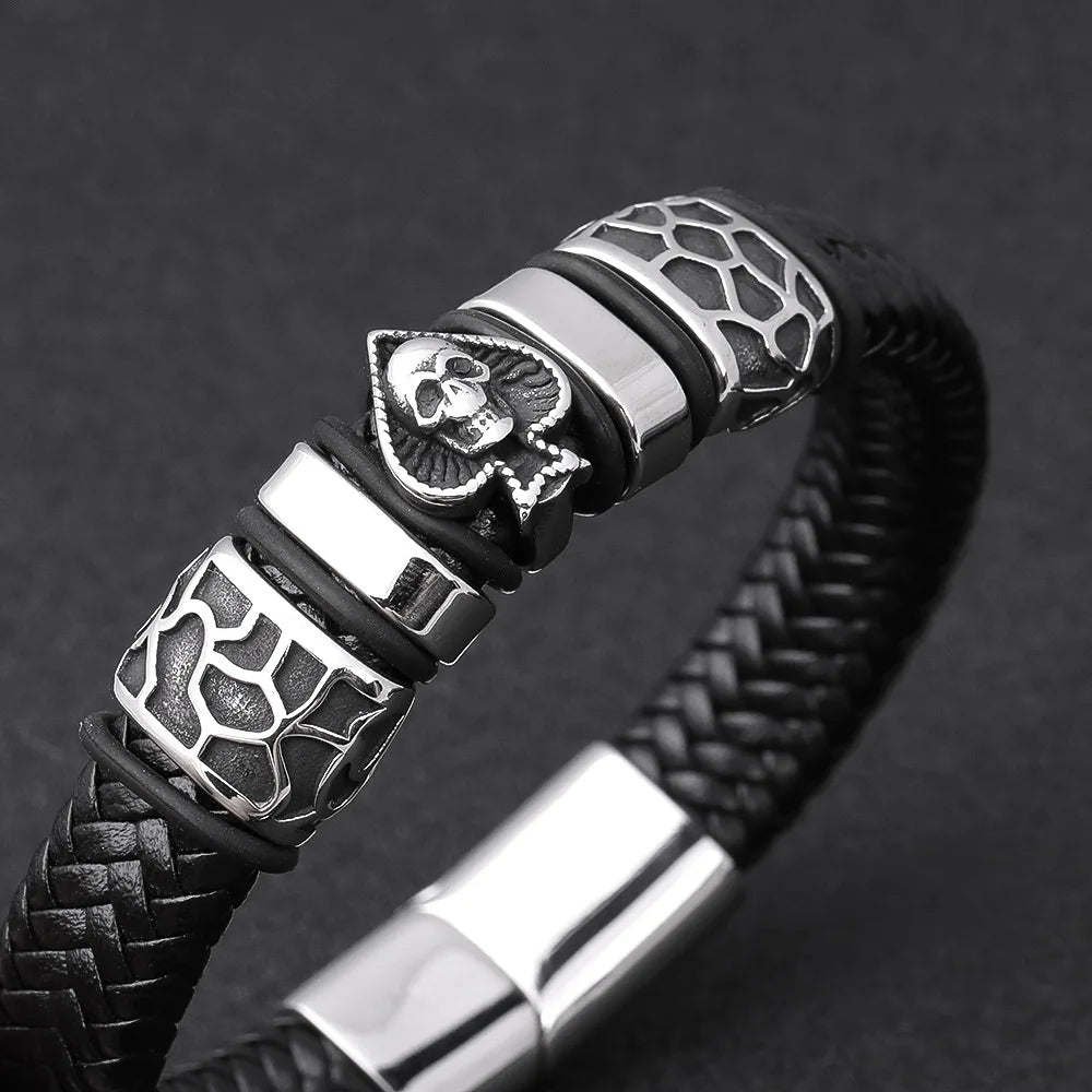 Skull Braid Leather Bracelet — Stainless Steel