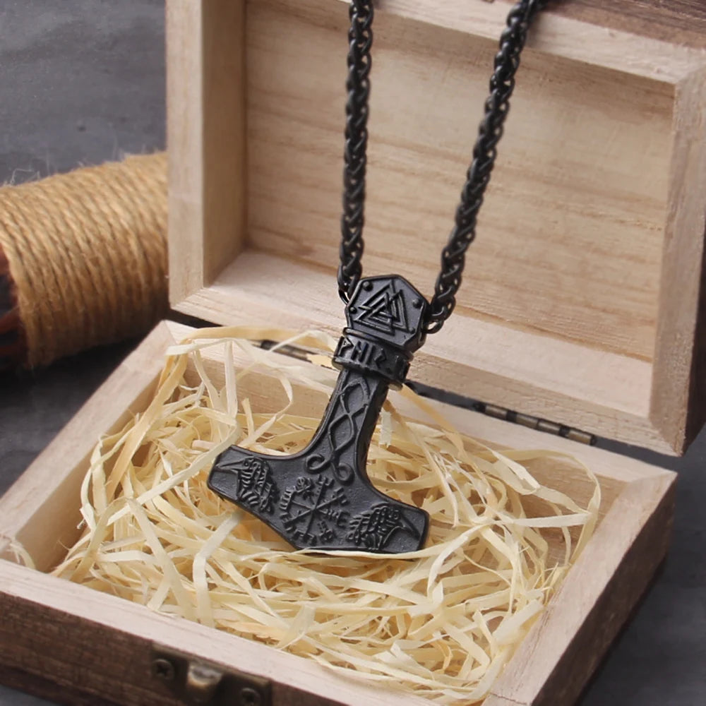 Fashion Valknut Viking Thor's Hammer Pendant Necklace With keel Chain As Men Gift with wooden box