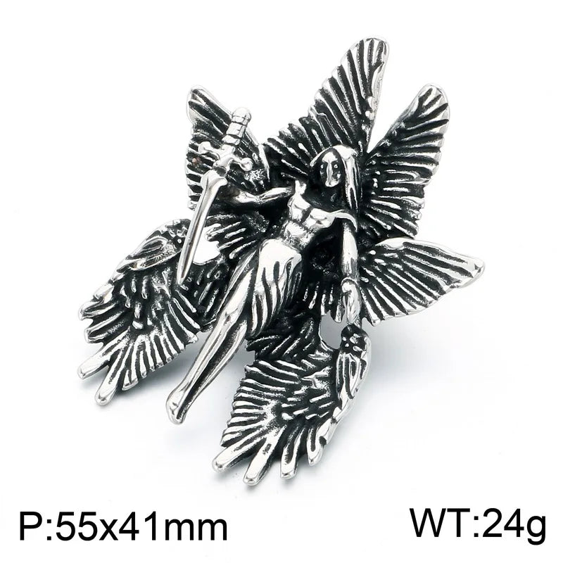 KALEN Vintage Gothic Fallen Angel Pendant Necklace For Men Stainless Steel Death Grim Reaper Wing Totem Charm Fashion Jewelry