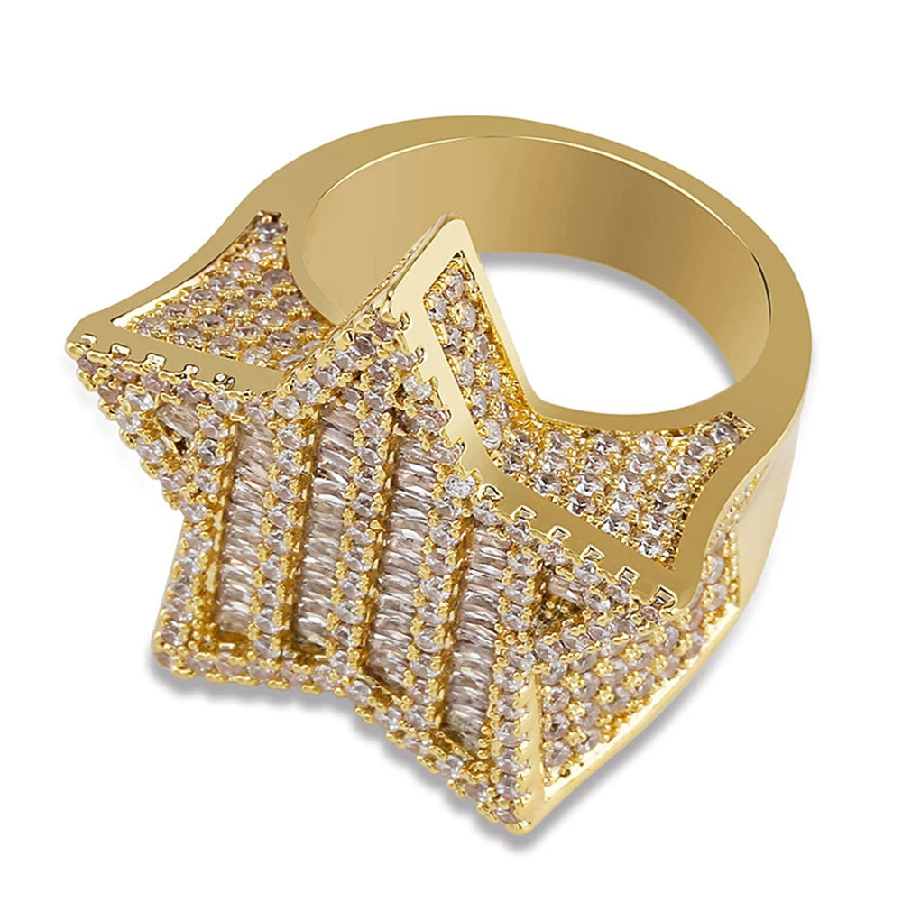 Gold Iced Out Pentagram Ring Statement
