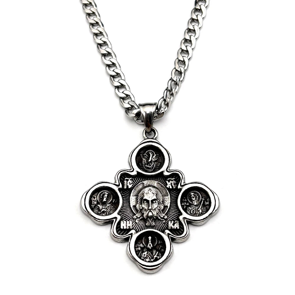 Orthodox Four Saints Pantocrator Jesus Christ IC XC Cross Pendant Necklace Antiqued Stainless Steel Silver Color Faith Jewelry
