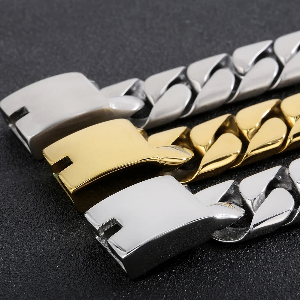 20MM Curb Cuban Chain Men Bracelet for Man Polished Brushed Waterproof Gold Color Stainless Steel Wristbands New In