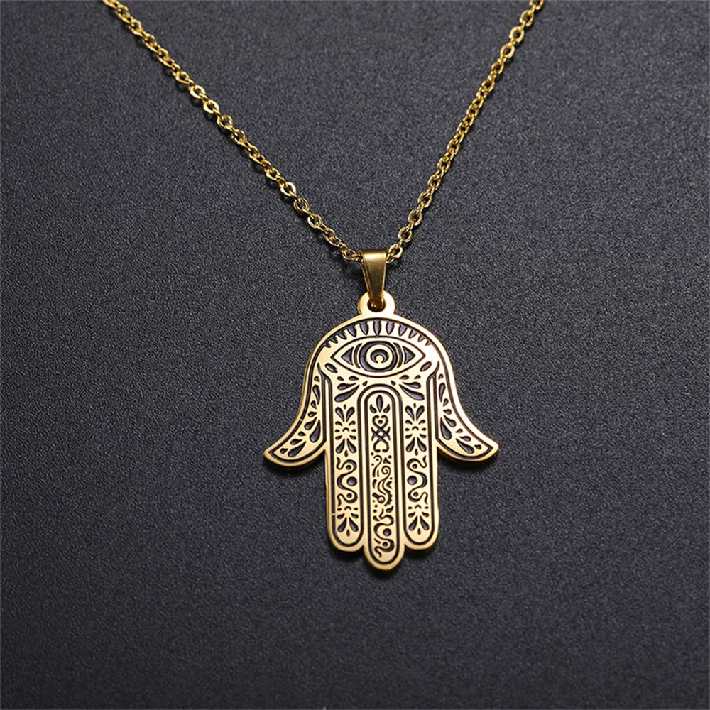 EUEAVAN Vintage Hamsa Hand of Fatima Pendant Necklace Stainless Steel Turkish Evil Eye Necklaces Spirit Lucky Jewelry for Man