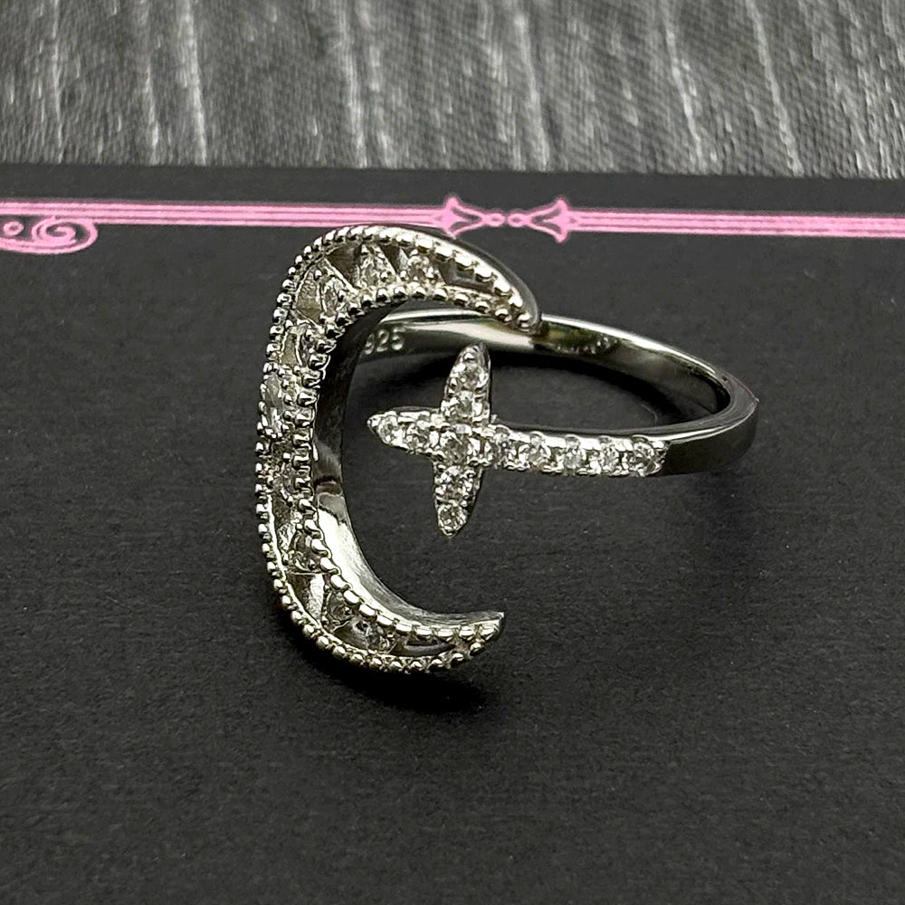 Cross Star Silver Ring Sterling Zircons Moon Finger