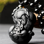 Beautiful Chinese Handwork Natural Black Obsidian Carved PiXiu Lucky Amulet Pendant + free Beads Necklace Fashion