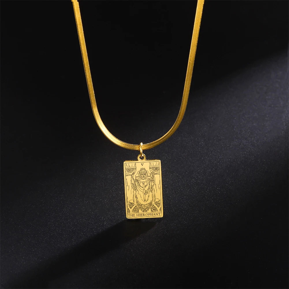 LIKGREAT Major Arcana Tarot Card Necklace Stainless Steel Snake Chain Necklace Vintage Amulet Moon/Sun/Star Tarot