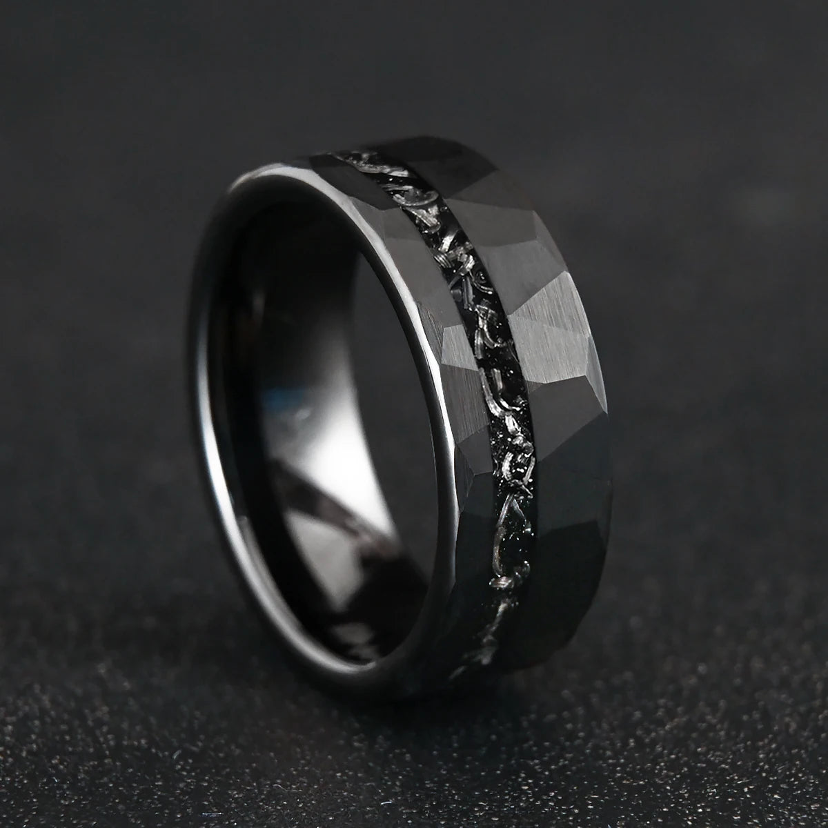 8MM Black Tungsten Men’s Wedding Bands Classic Hammered Meteorite Ring Fashion Simple Couple Promise Engagement Rings