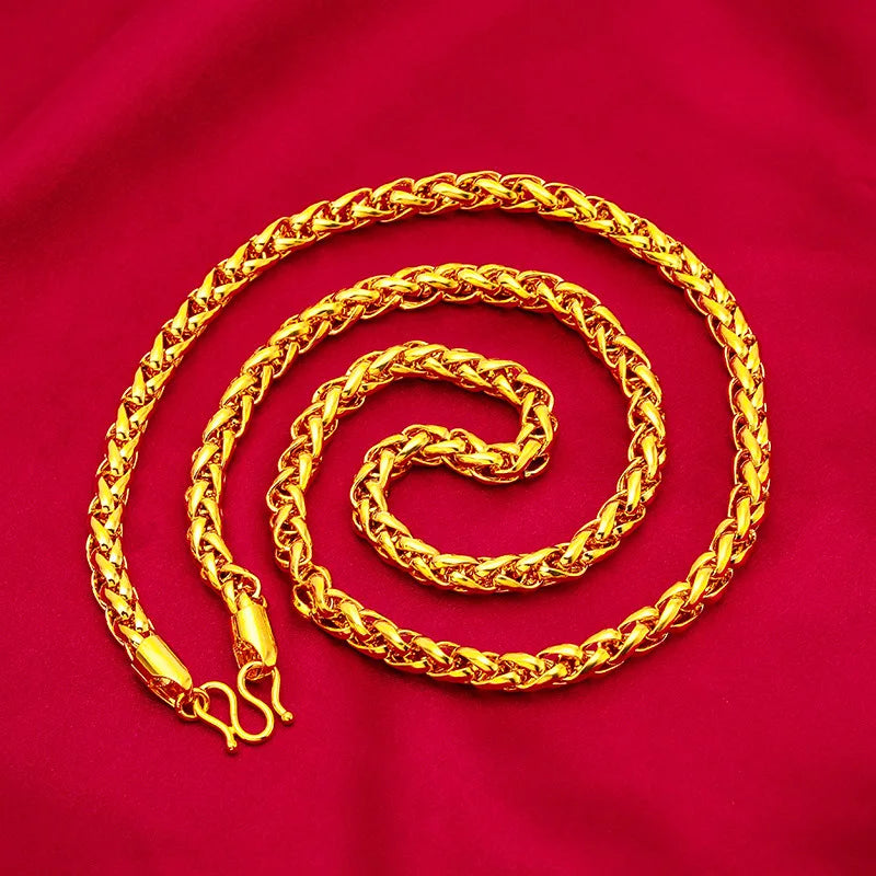 Men Masculine Rope-Style Gold Necklace, 24K Gold AU999 | Filigree rope pattern with jade beads, refined elegance for