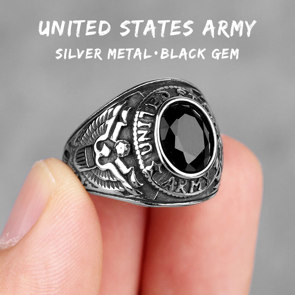 Stainless Steel Men Rings Rhinestone United States Army Punk Hip Hop for Biker Male Boyfriend Jewelry Creativity Gift Wholesale