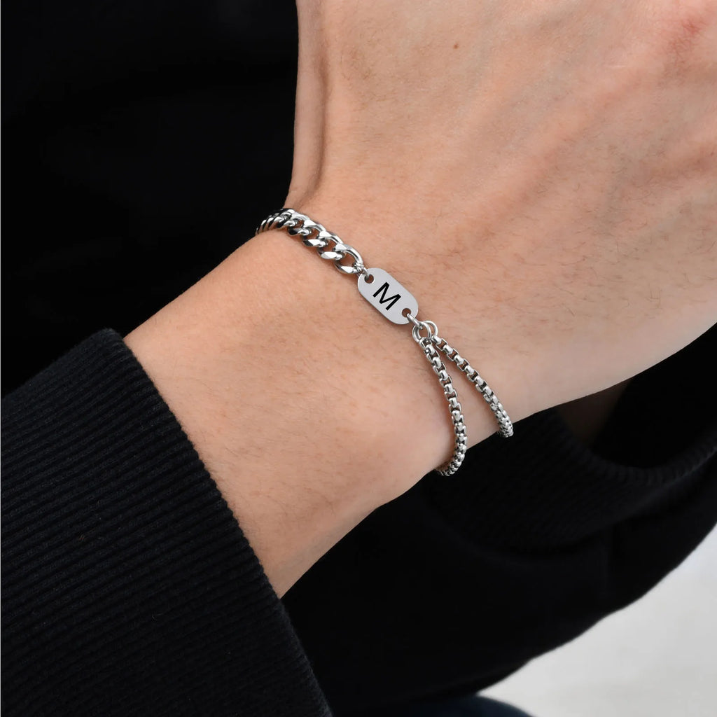 Cuban Box Chain Letter Bracelet — Stainless Steel