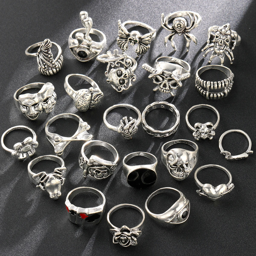 24 Pcs Gothic Skeleton Unisex Ring Set Punk Grunge Butterfly Frog Woman Man Jewelry Hip Hop Party Street Ring
