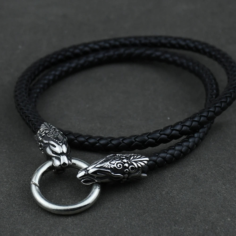 Men stainless steel Wolf head norse viking amulet thor hammer pendant necklace leather chain