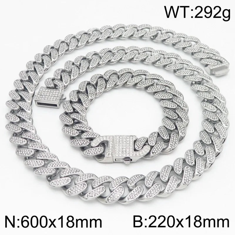 Hip Hop Heavy Cuban Link Chain Set Man Bracelet Necklace Luxury Gold Color Stainless Steel & Full CZ Men's Necklace &