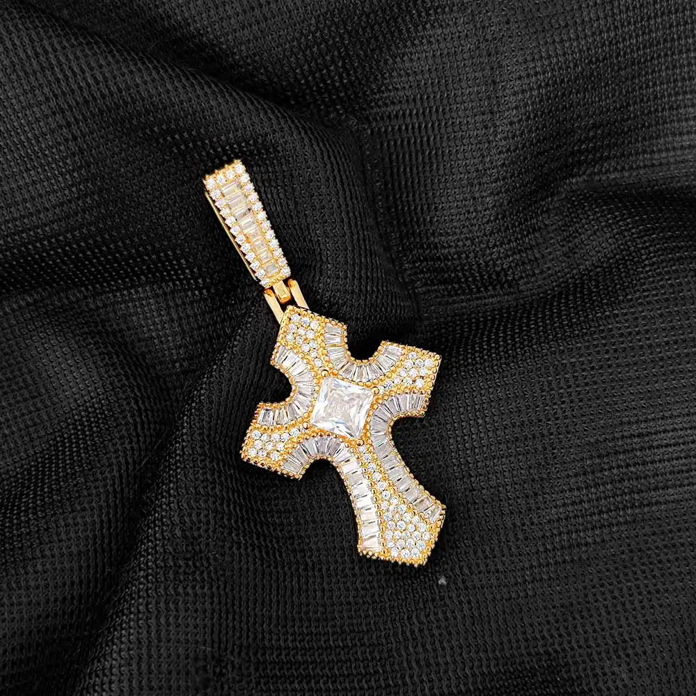 Iced Out Cross Pendant Necklace CZ Rectangle