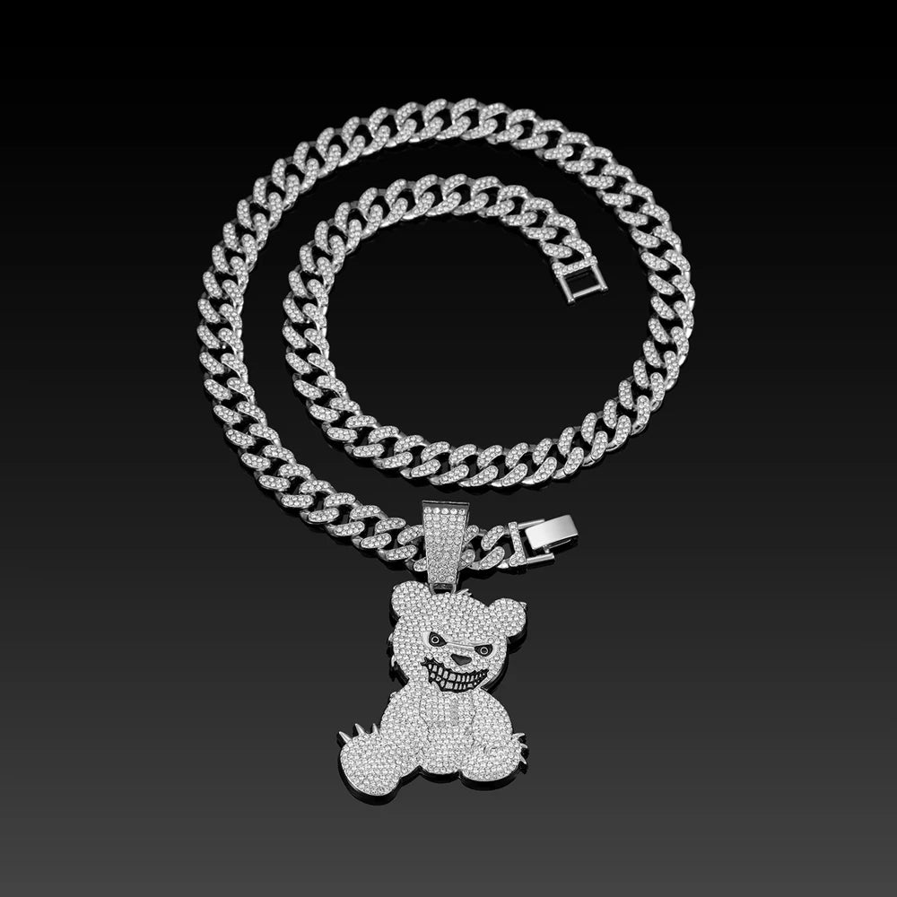 Men Women Hip Hop Bear Shape Pendant Necklace with 13mm Crystal Cuban Chain Iced Out Bling Bling Necklaces HipHop Punk