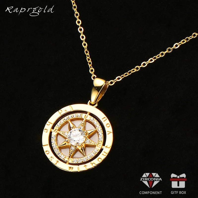 RAPRGOLD 925 Sterling Silver Compass Necklace 6.5mm Sparkly Cubic Zirconia Fashion Pendant Necklaces for Women Men Jewelry Gift