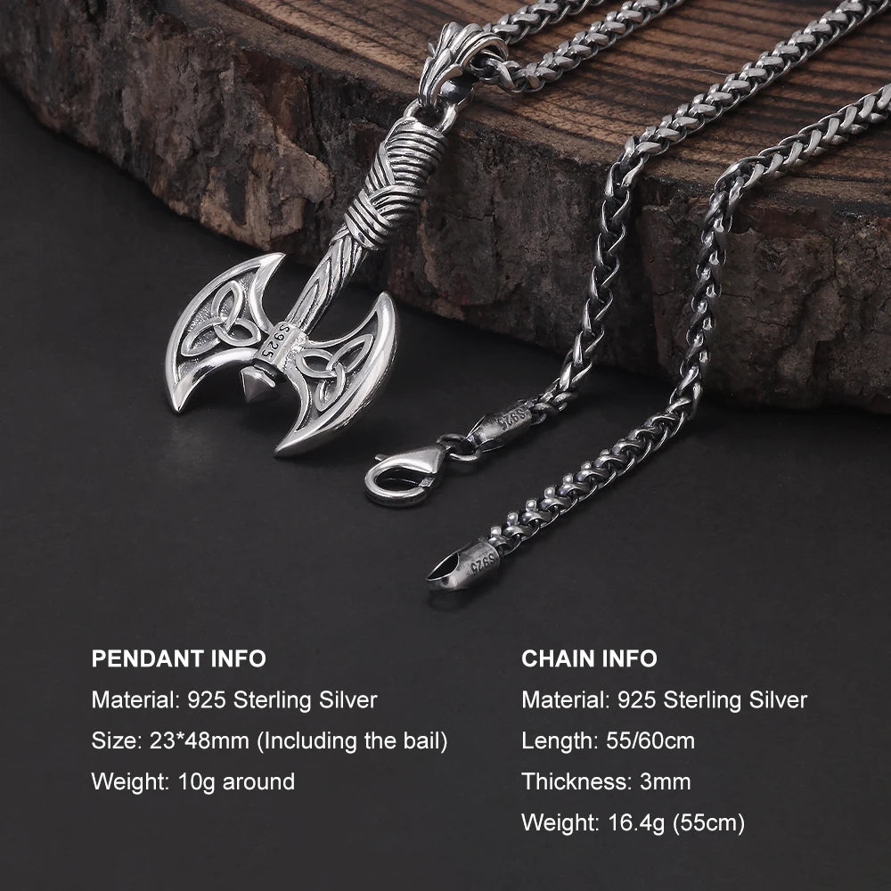 Viking Double Axe Silver Warrior Pendant Necklace