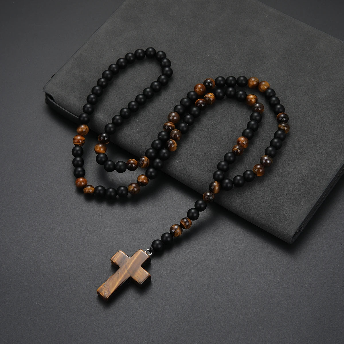 Cool Fashion Matte Black Round Beads Tiger Eye Stone Pendant Necklace for Men and Women