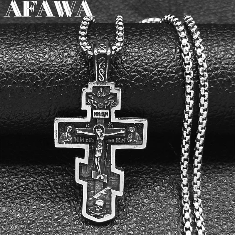 Orthodox Icon Cross Pendant Necklace — Stainless Steel