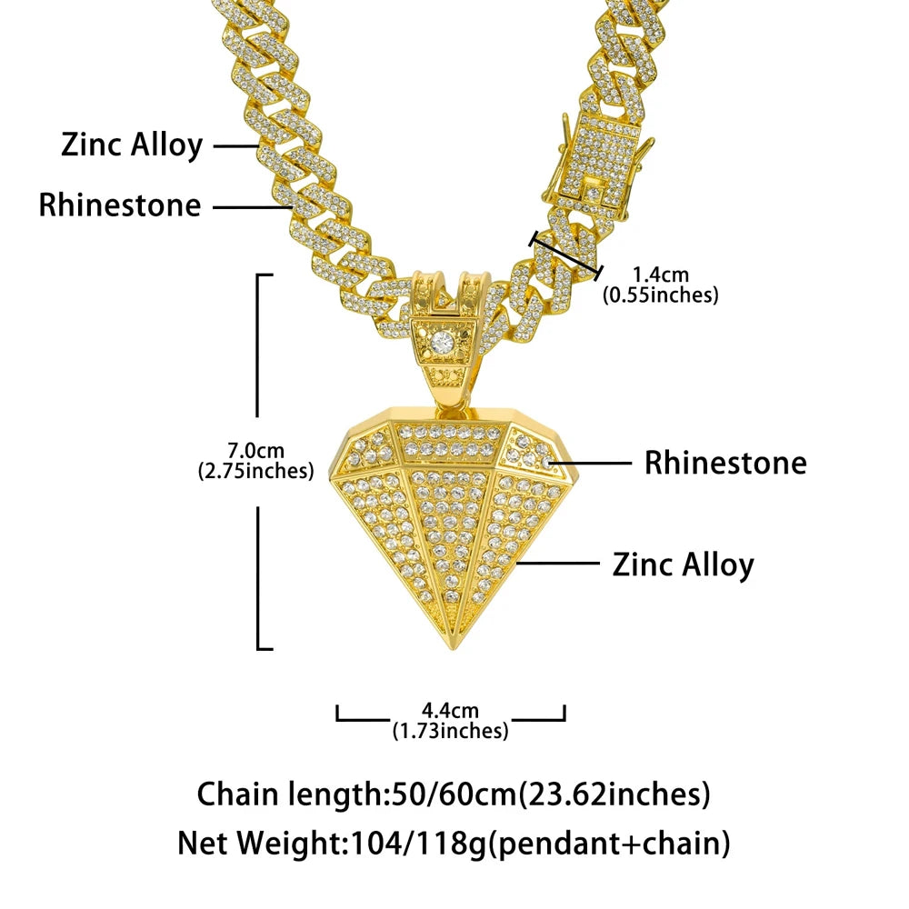 Hip Hop Tapered Pendant Necklace with 14mm Cuban Chain Shape Pendants Necklaces Fashion Charm Jewelry,For Men And Women