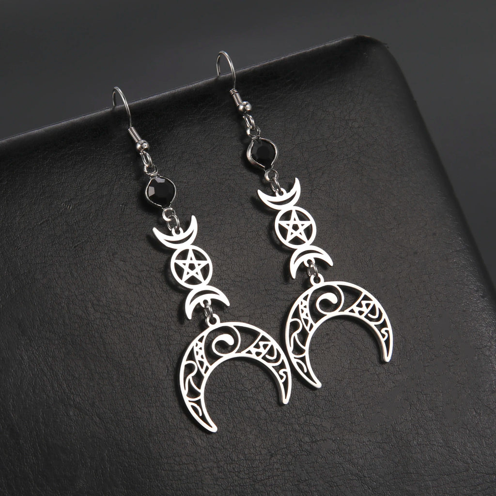 Teamer Vintage Triple Witch Moon Pentagram Goddess Earrings for Women Witchcraft Stainless Steel Amulet Jewelry Gifts