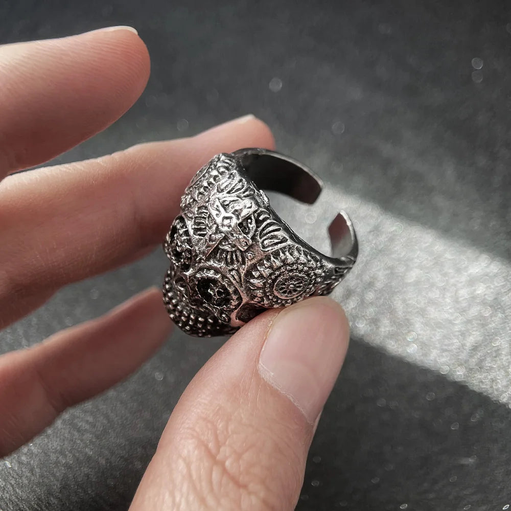 Retro Floral Cross Skull Ring for Men Steampunk Gothic Adjustable Open Ring Biker Jewelry Streetwear Accessories Unisex