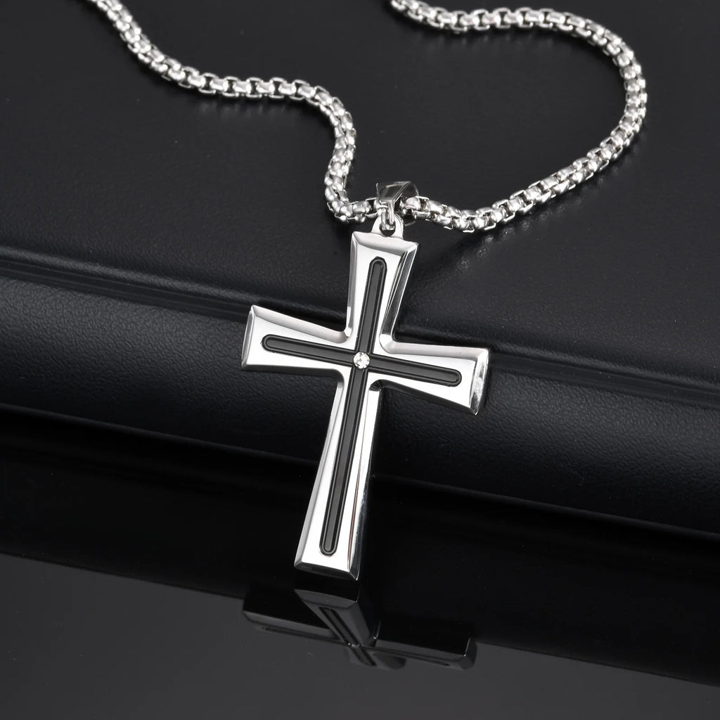 Vnox Cubic Zirconia Stone Centered Cross Necklaces for Men, Black Silver Color Stainless Steel Pendant,Religious Accessory Gift
