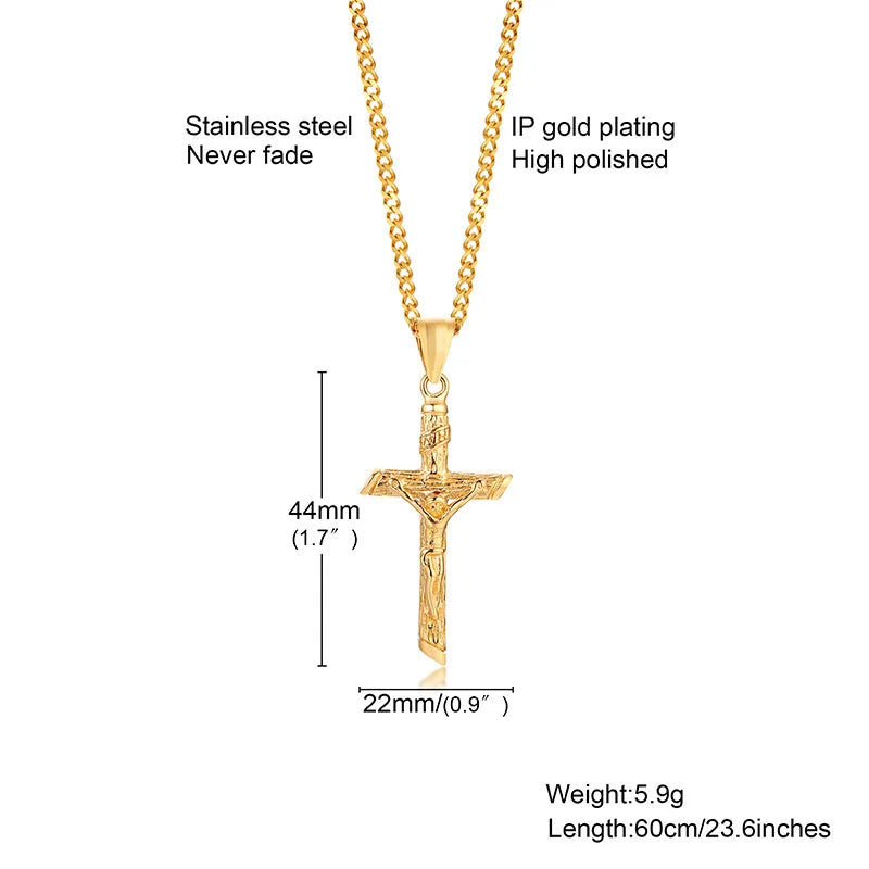Vnox Cross Necklace for Men Women,Catholicism Jesus Pendant,Gold Color Stainless Steel Unisex Collar,Church Prayer