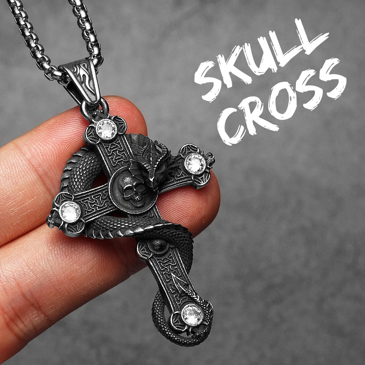 Skull Dragon Cross Pendant Necklace — Steel