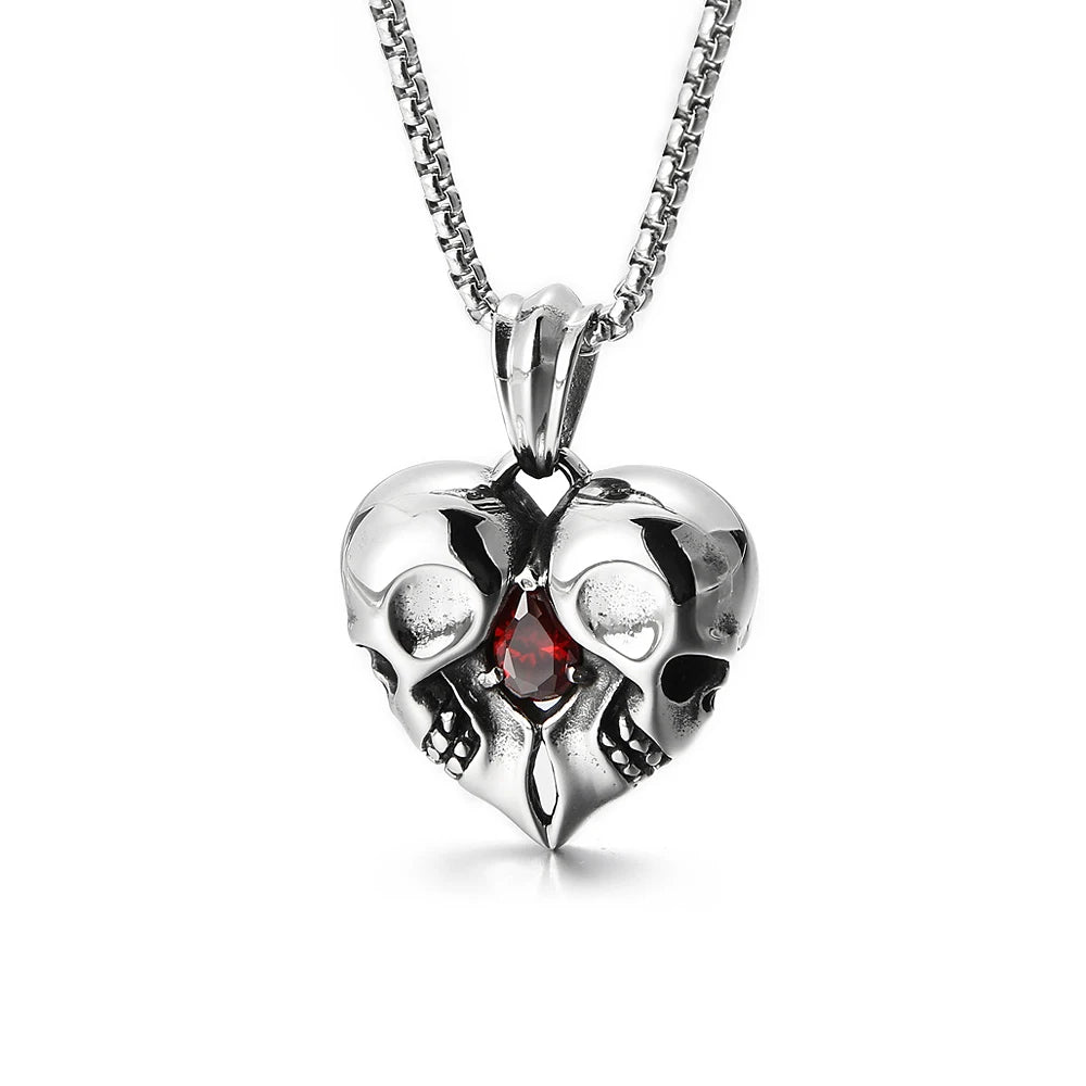 Skull Steel Pendant Punk Vintage Heart Red Stone
