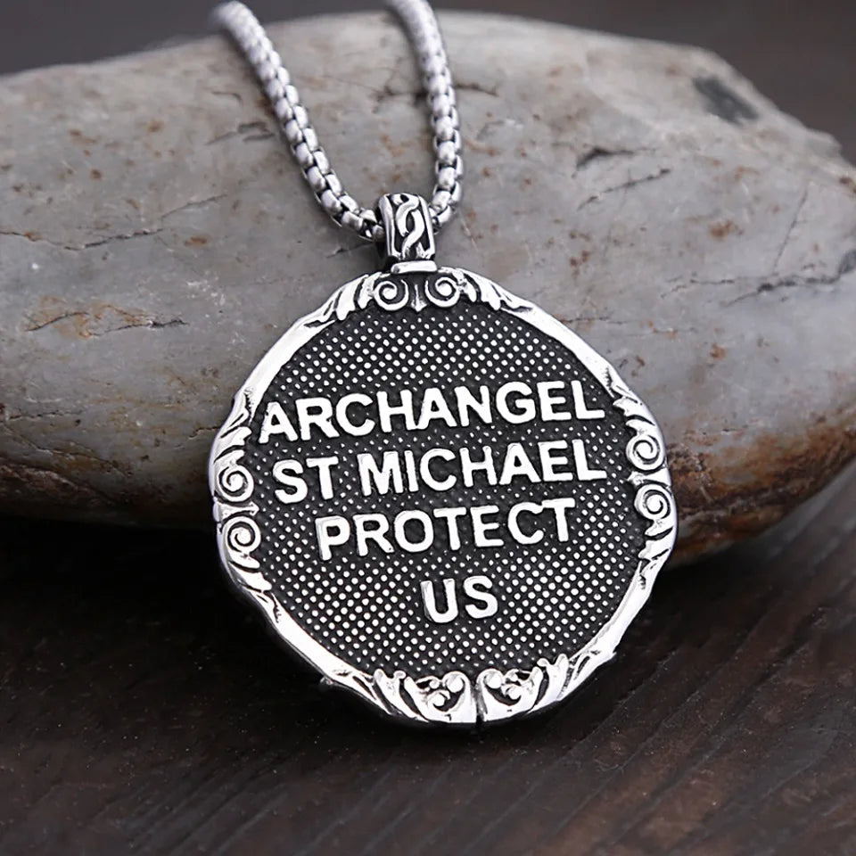 New Vintage Saint Michael Angel Pendant Necklaces Stainless Steel  Punk Motorcycle Amulet Angel Necklace For Men Fashion Jewelry