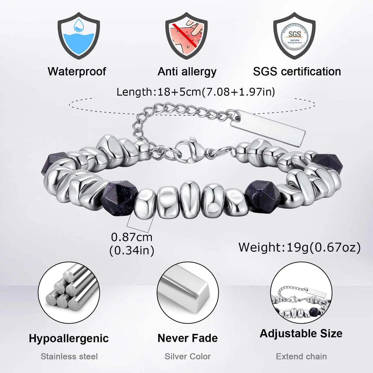 Adjustable Beaded Bracelet for Men — Stainless Steel