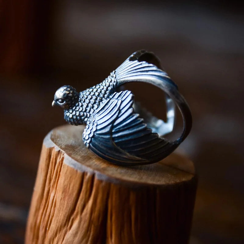 925 Silver Swallow Carved Ring — Vintage Open