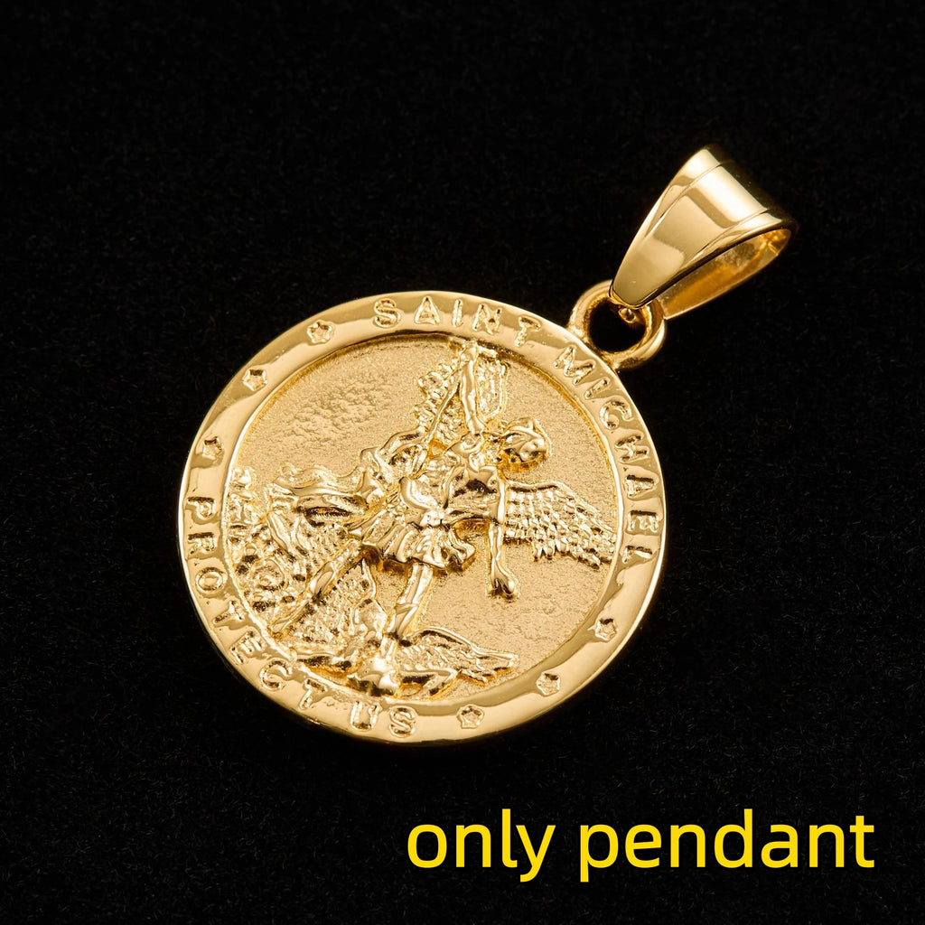 1pc Catholic Angel Michael Gold color round pendant For Men Women Punk 316L Stainless Steel Knight Saint Michael Jewelry Gifts