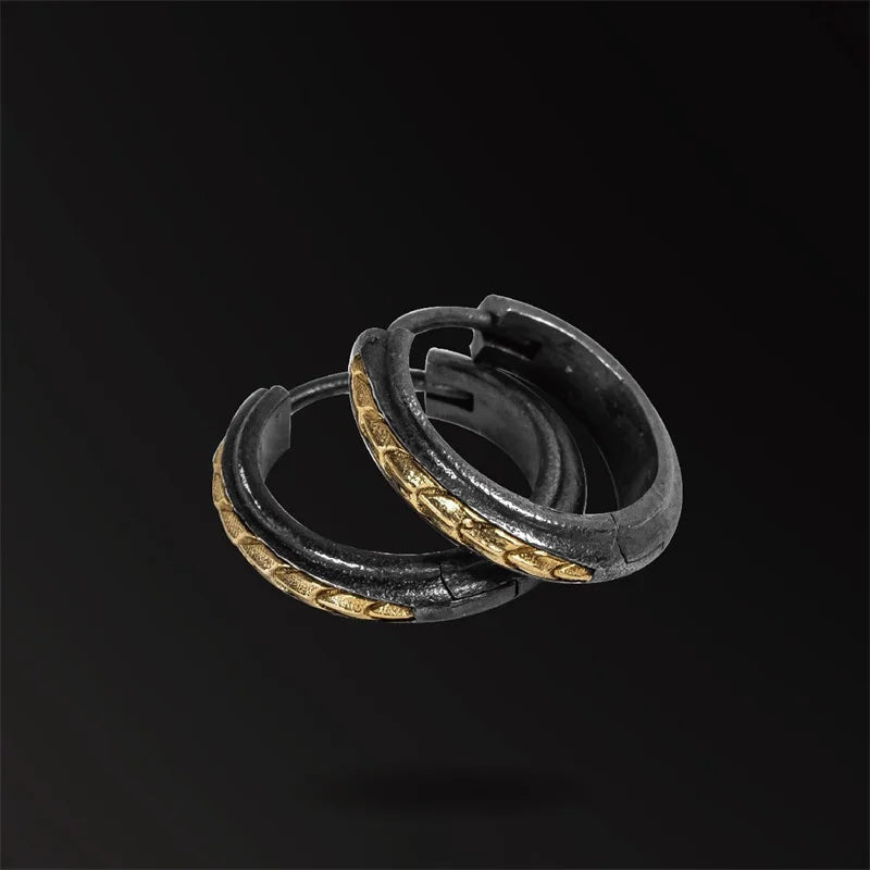 Black Gold Scale Pattern Huggie Hoop Earrings — Two-Tone