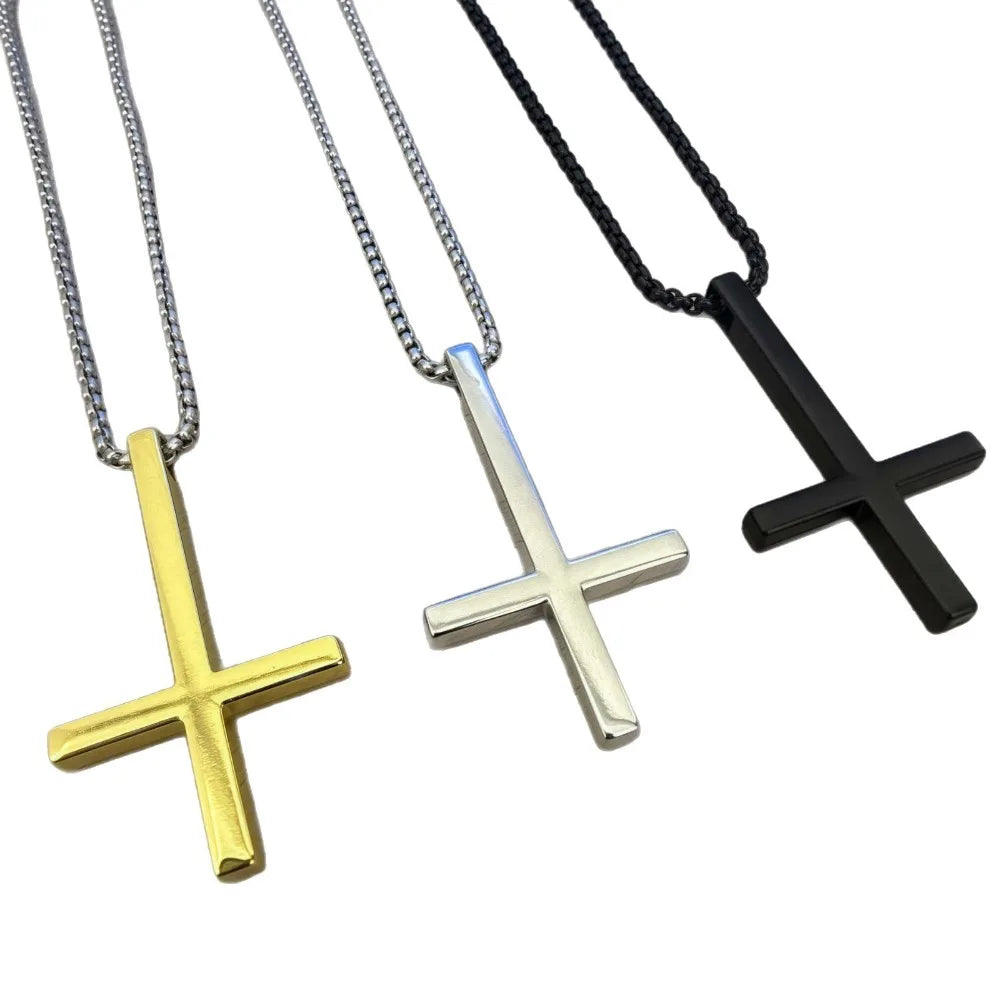 Hip Hop Punk Stainless Steel Inverted Cross Pendant Necklace for Men Women Men Trendy Personality Collar Chain Jewelry Gifts