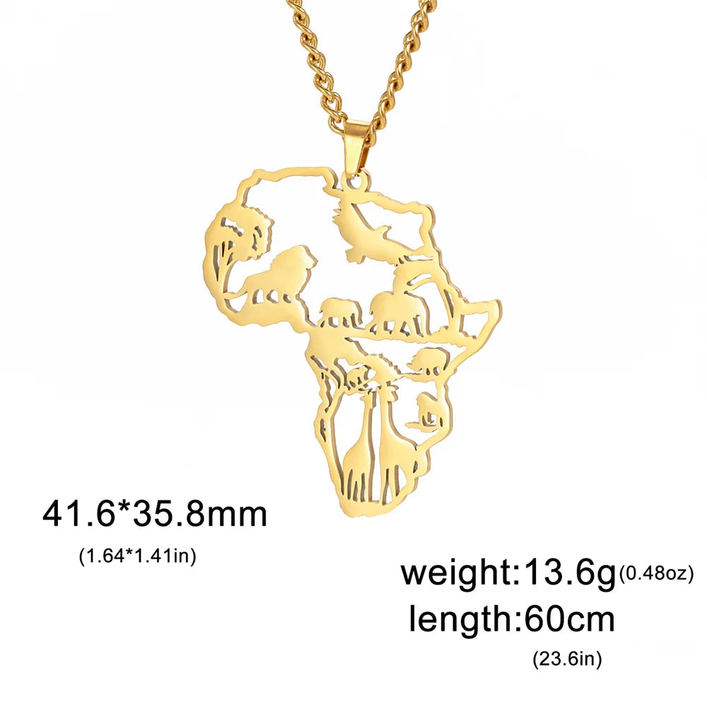 Africa Map Animals Pendant — Stainless Steel